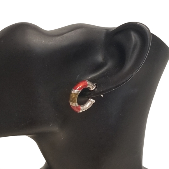 ALF SIGNED VINTAGE STERLING SILVER & MARBLED ENAMEL HUGGIE HOOP EARRINGS - Picture 2 of 4